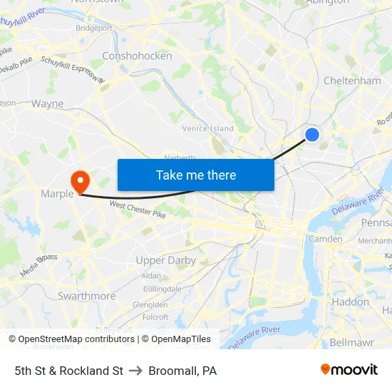 5th St & Rockland St to Broomall, PA map