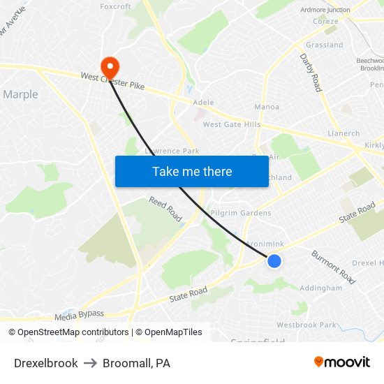 Drexelbrook to Broomall, PA map