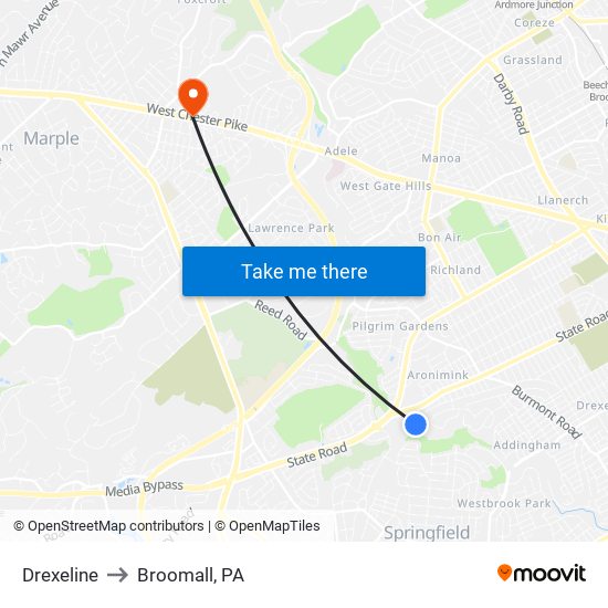Drexeline to Broomall, PA map