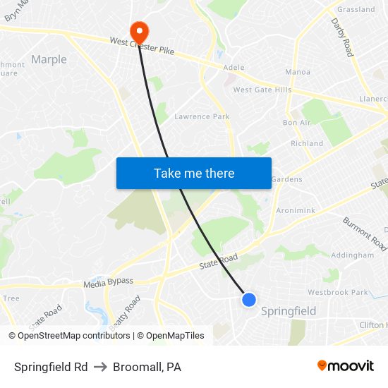 Springfield Rd to Broomall, PA map