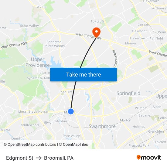 Edgmont St to Broomall, PA map