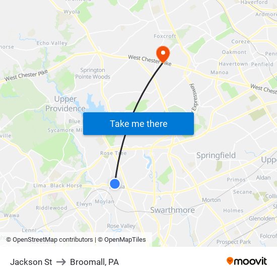 Jackson St to Broomall, PA map
