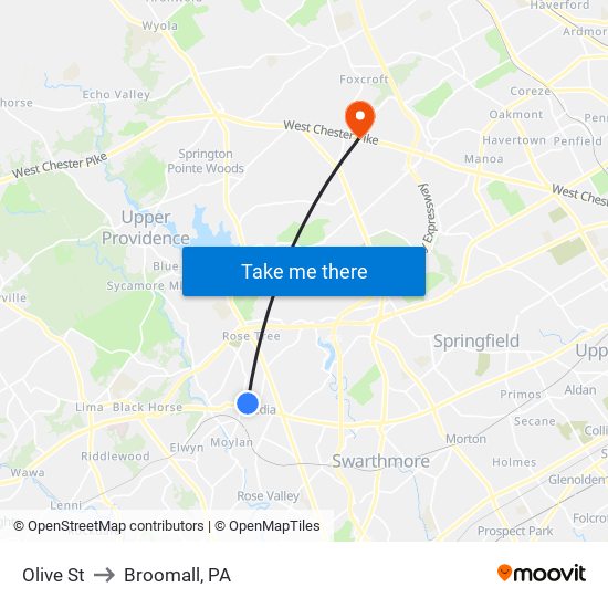 Olive St to Broomall, PA map