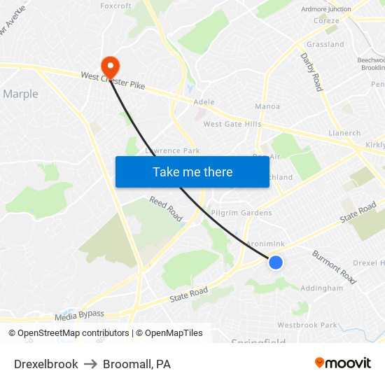 Drexelbrook to Broomall, PA map