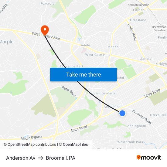 Anderson Av to Broomall, PA map