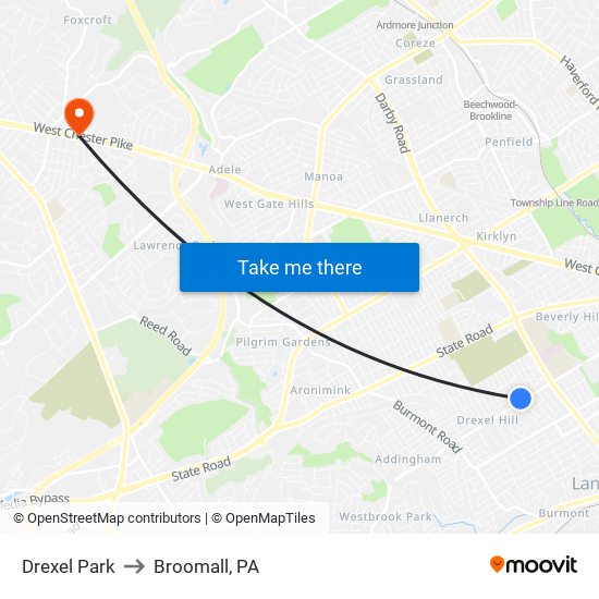 Drexel Park to Broomall, PA map