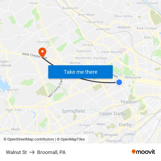 Walnut St to Broomall, PA map