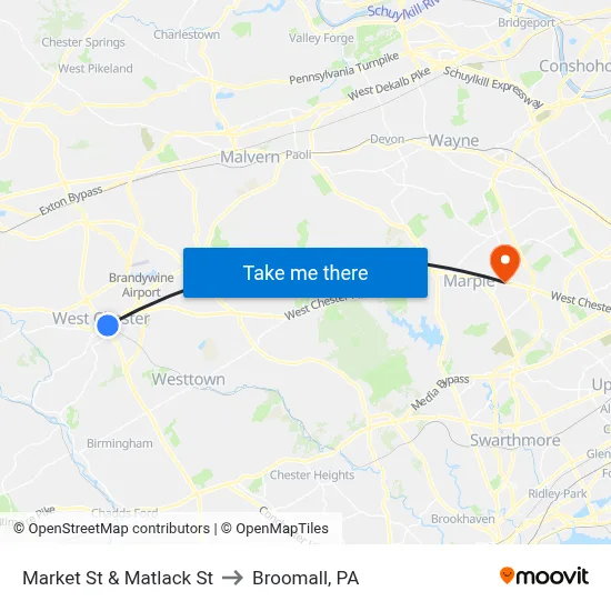 Market St & Matlack St to Broomall, PA map