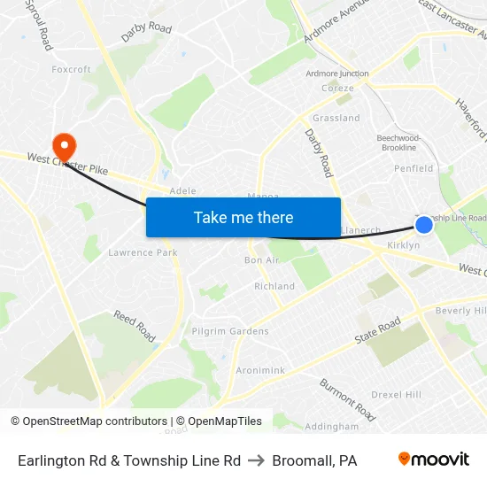 Earlington Rd & Township Line Rd to Broomall, PA map