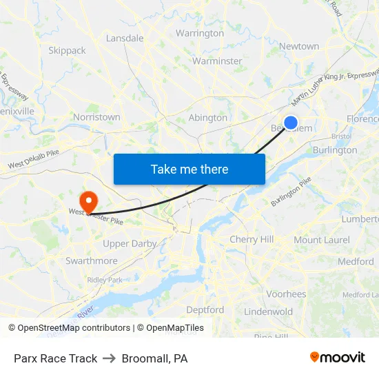 Parx Race Track to Broomall, PA map