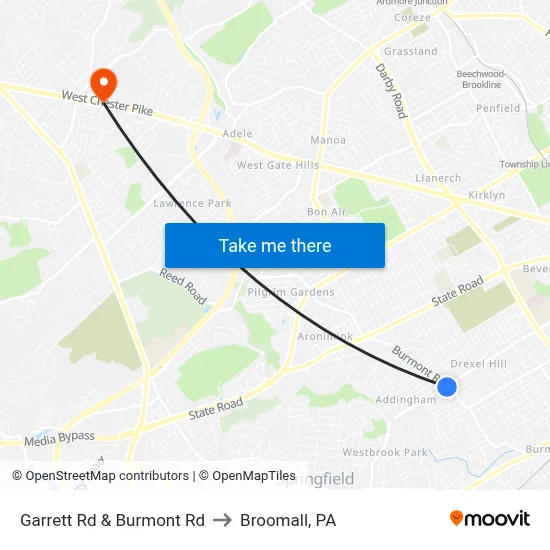 Garrett Rd & Burmont Rd to Broomall, PA map