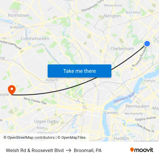 Welsh Rd & Roosevelt Blvd to Broomall, PA map