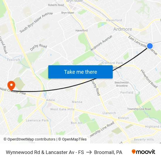 Wynnewood Rd & Lancaster Av - FS to Broomall, PA map
