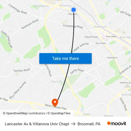 Lancaster Av & Villanova Univ Chapl to Broomall, PA map