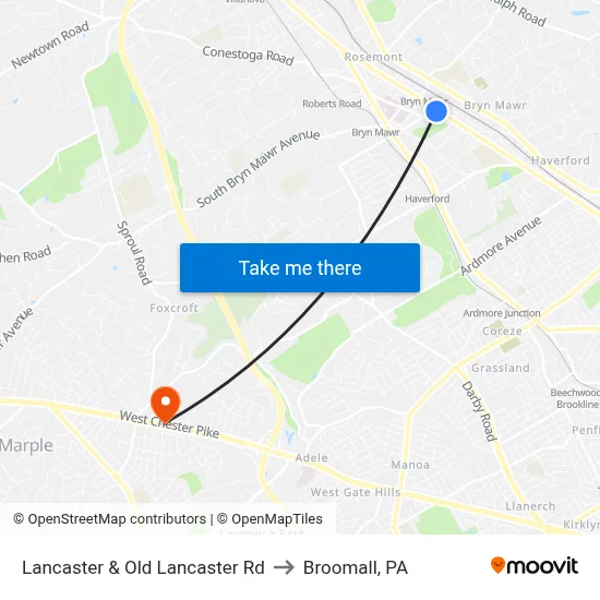 Lancaster & Old Lancaster Rd to Broomall, PA map