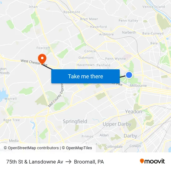 75th St & Lansdowne Av to Broomall, PA map