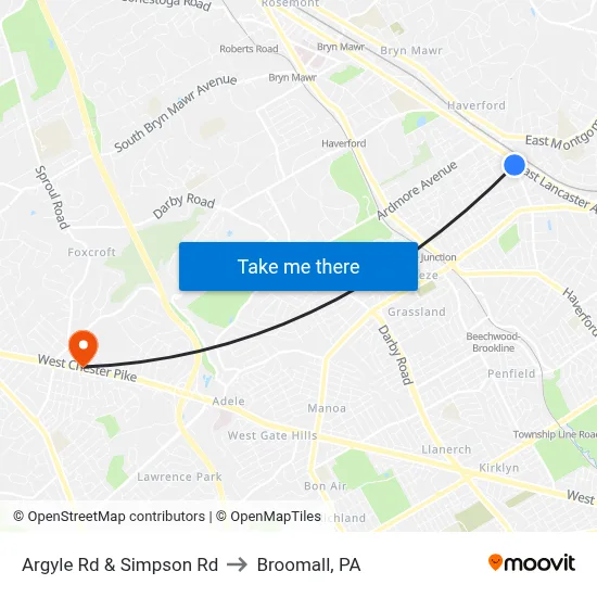 Argyle Rd & Simpson Rd to Broomall, PA map