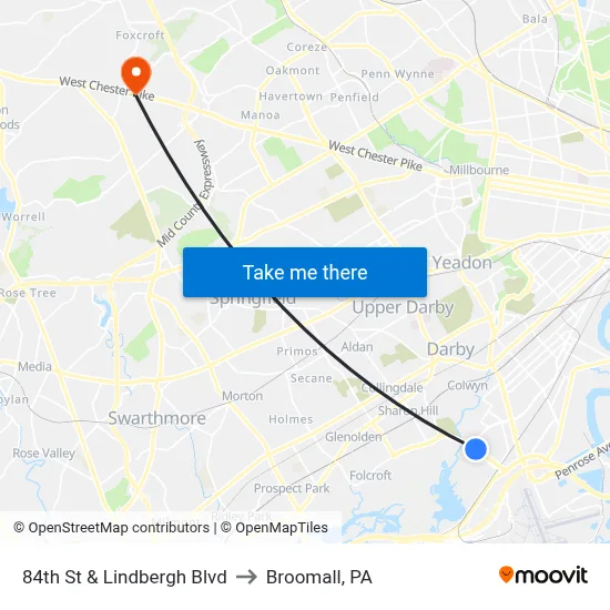84th St & Lindbergh Blvd to Broomall, PA map