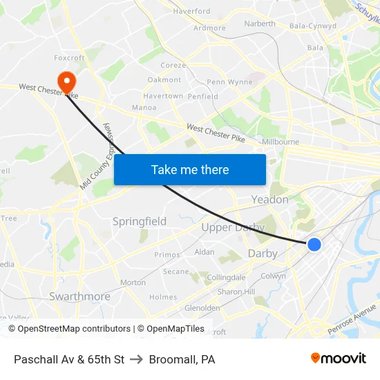 Paschall Av & 65th St to Broomall, PA map