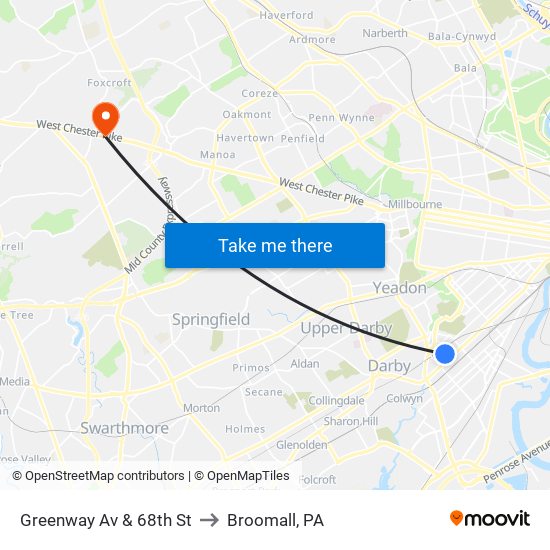 Greenway Av & 68th St to Broomall, PA map