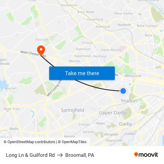 Long Ln & Guilford Rd to Broomall, PA map