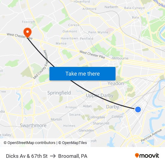 Dicks Av & 67th St to Broomall, PA map