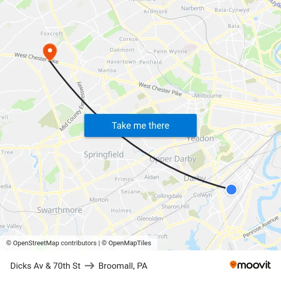Dicks Av & 70th St to Broomall, PA map
