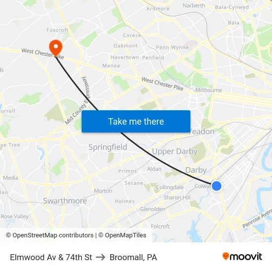 Elmwood Av & 74th St to Broomall, PA map
