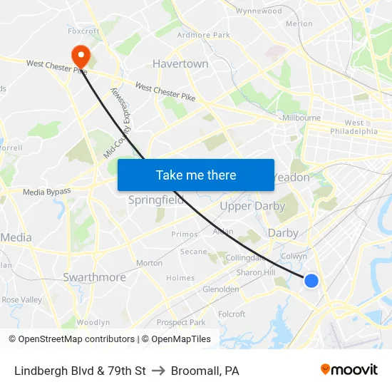 Lindbergh Blvd & 79th St to Broomall, PA map
