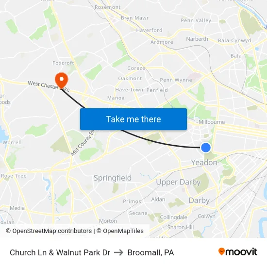 Church Ln & Walnut Park Dr to Broomall, PA map
