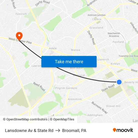 Lansdowne Av & State Rd to Broomall, PA map