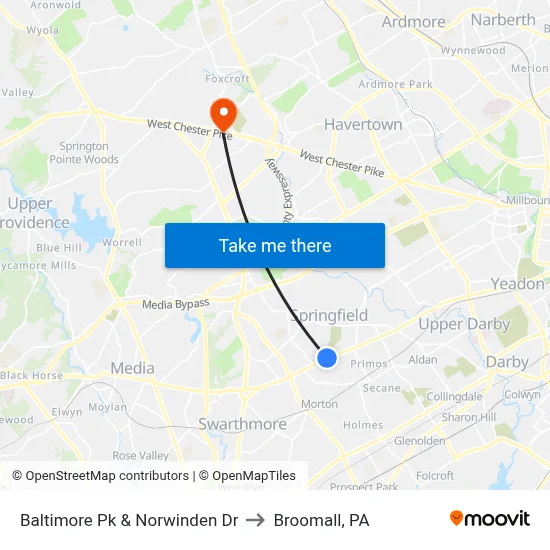 Baltimore Pk & Norwinden Dr to Broomall, PA map
