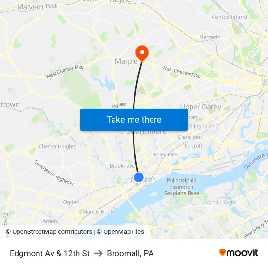 Edgmont Av & 12th St to Broomall, PA map