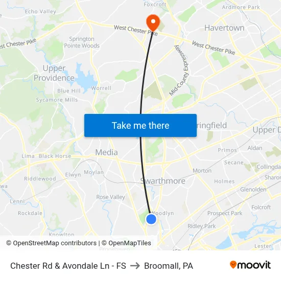 Chester Rd & Avondale Ln - FS to Broomall, PA map