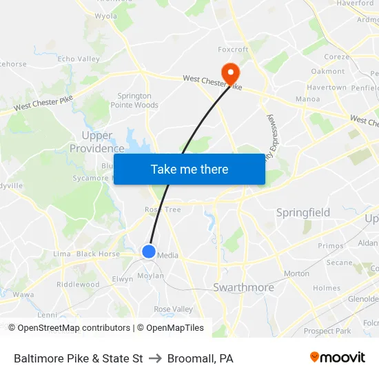 Baltimore Pike & State St to Broomall, PA map