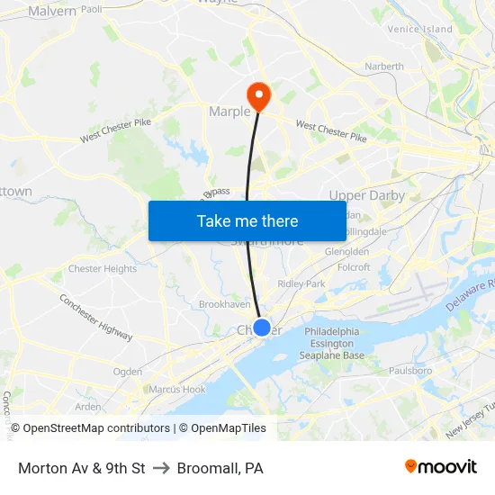 Morton Av & 9th St to Broomall, PA map