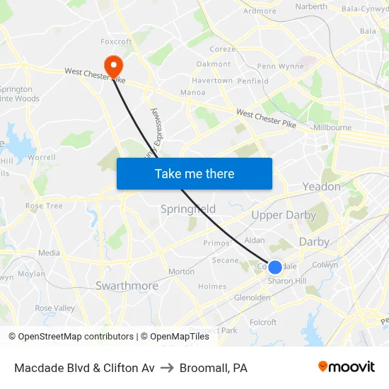 Macdade Blvd & Clifton Av to Broomall, PA map