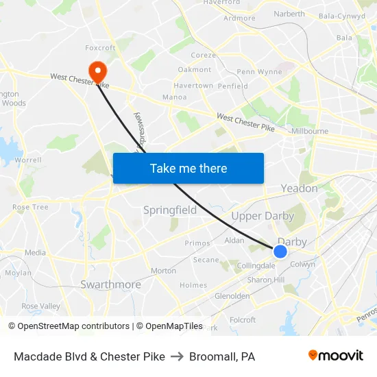 Macdade Blvd & Chester Pike to Broomall, PA map