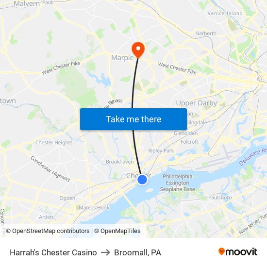 Harrah's Chester Casino to Broomall, PA map