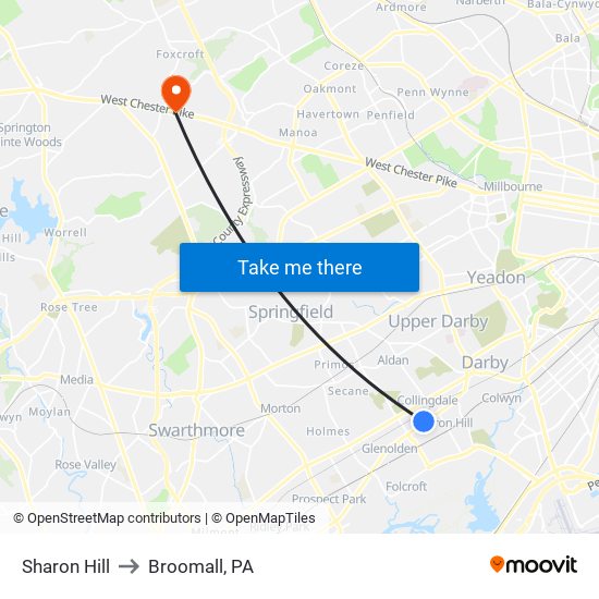 Sharon Hill to Broomall, PA map
