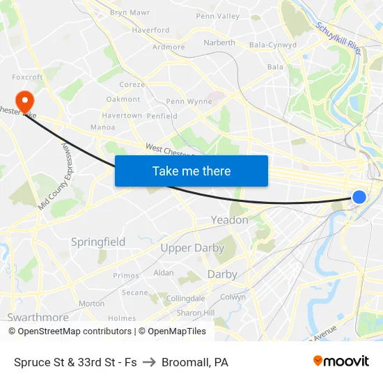 Spruce St & 33rd St - Fs to Broomall, PA map
