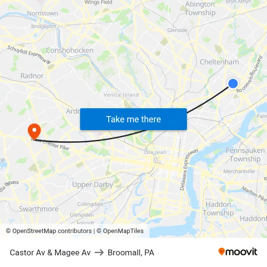 Castor Av & Magee Av to Broomall, PA map