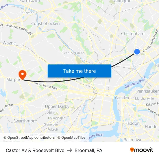 Castor Av & Roosevelt Blvd to Broomall, PA map