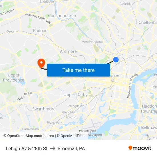 Lehigh Av & 28th St to Broomall, PA map
