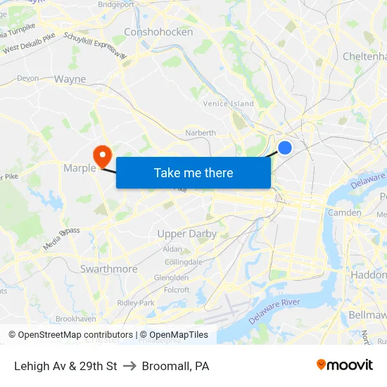 Lehigh Av & 29th St to Broomall, PA map