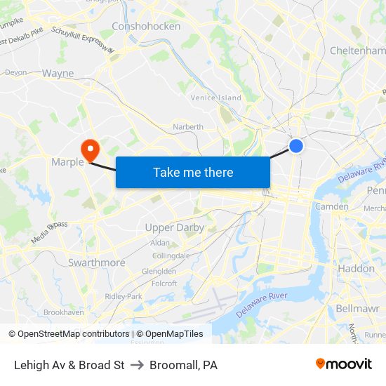 Lehigh Av & Broad St to Broomall, PA map