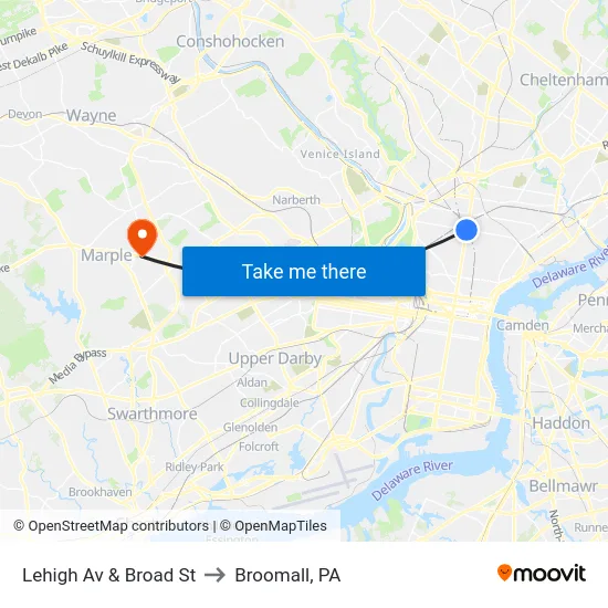 Lehigh Av & Broad St to Broomall, PA map