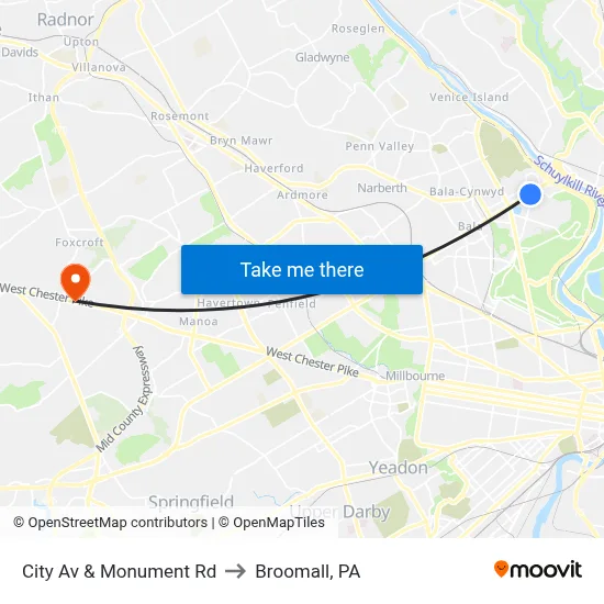 City Av & Monument Rd to Broomall, PA map