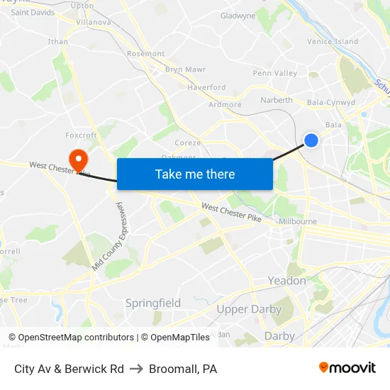 City Av & Berwick Rd to Broomall, PA map