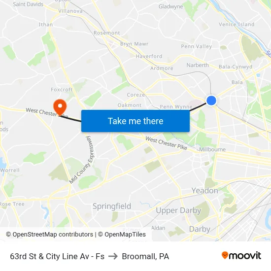 63rd St & City Line Av - Fs to Broomall, PA map